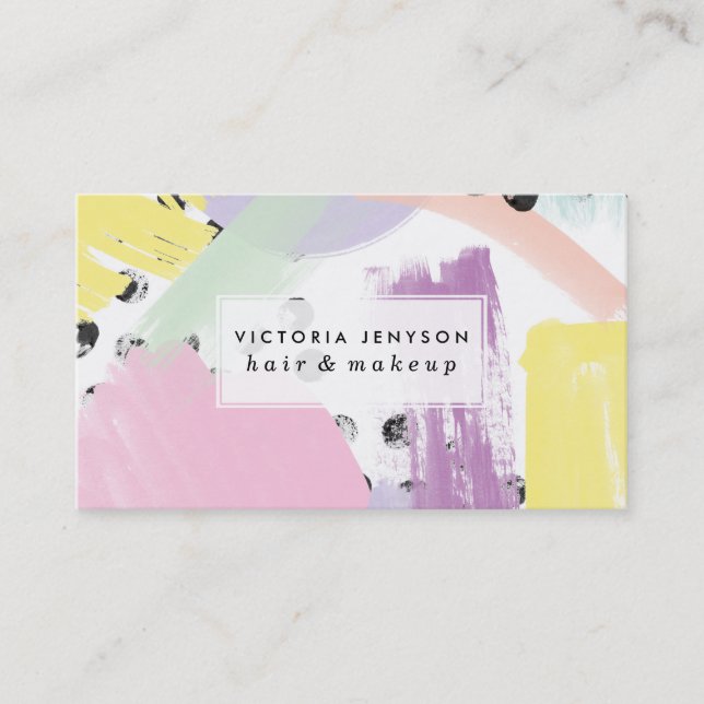 Modern purple yellow black pastel brushstrokes business card (Front)