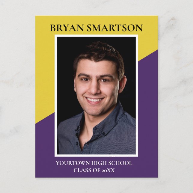 Modern Purple Yellow Graduation Photo Announcement (Front)