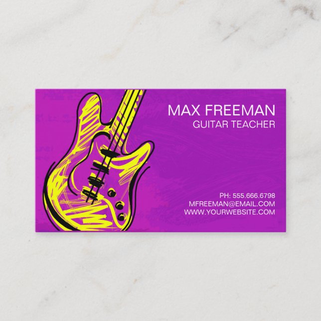 Modern Purple Yellow Professional Guitar Teacher Business Card (Front)