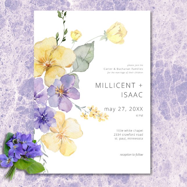 Modern Purple & Yellow Violets Floral Wedding Invitation (Modern Purple & Yellow Violets Floral Wedding Invitation)