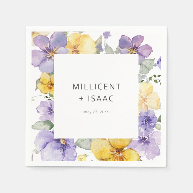 Modern Purple & Yellow Violets Floral Wedding Napkin (Front)