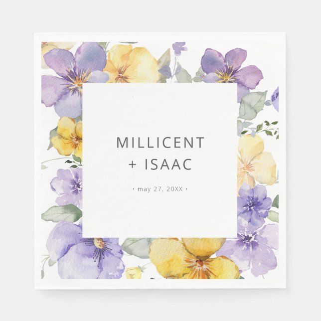 Modern Purple & Yellow Violets Floral Wedding Napkin (Front)