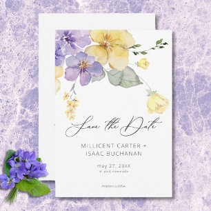 Modern Purple & Yellow Violets Floral Wedding Save The Date