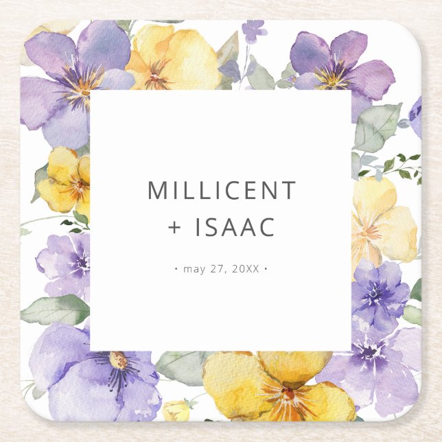 Modern Purple & Yellow Violets Floral Wedding Square Paper Coaster (Front)