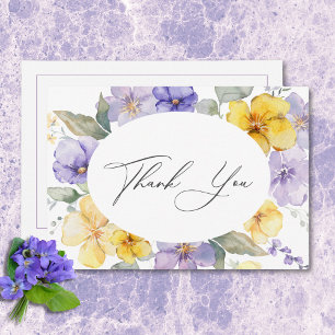 Modern Purple & Yellow Violets Floral Wedding Thank You Card