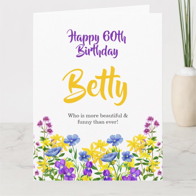 Modern Purple Yellow Wild Flowers Happy Birthday Card (Front)