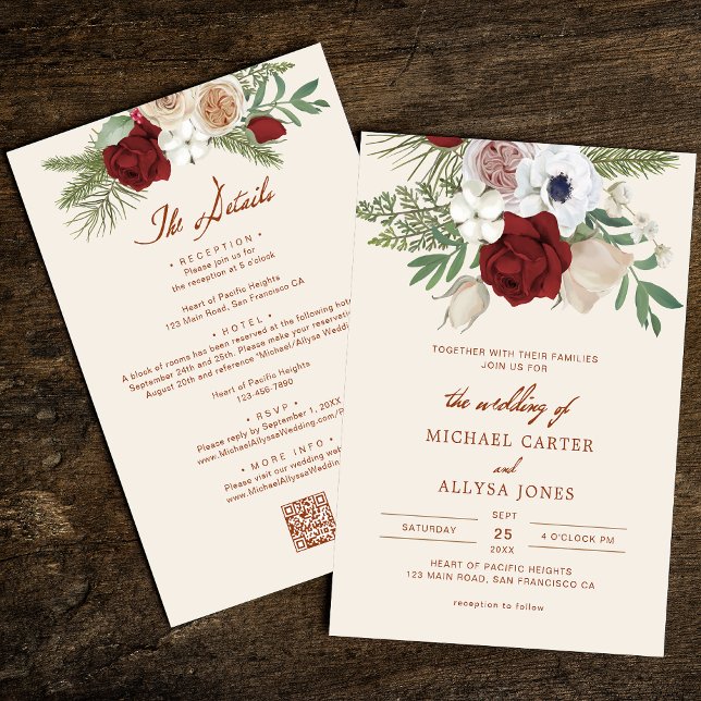 Modern QR Code Beige and Red Floral Budget Wedding Invitation (Creator Uploaded)