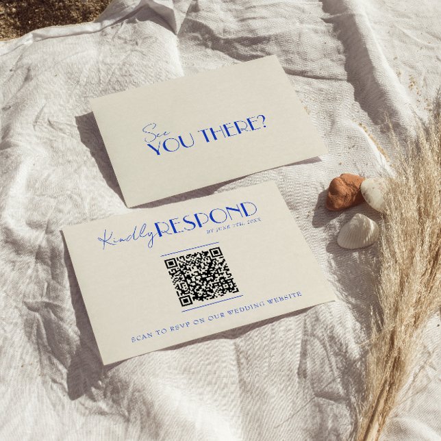 Modern QR Code Blue Retro French Whimsical Wedding RSVP Card (Creator Uploaded)