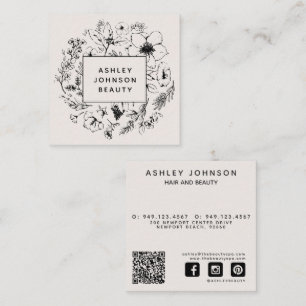 Modern QR Code Botanical Blush & Black Square Business Card
