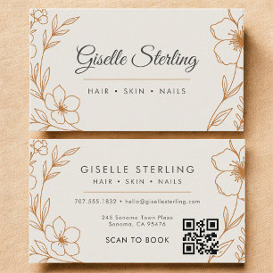 Modern QR Code Botanical Floral Copper Taupe Business Card