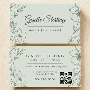 Modern QR Code Botanical Sage Green Beauty Salon Business Card