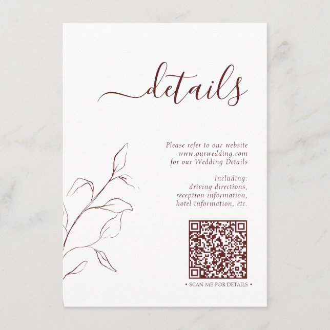 Modern QR Code Burgundy Wedding Details Enclosure Card (Front)