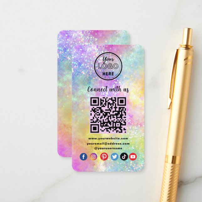 Modern QR Code Connect With Us Holo Opal Stylish Enclosure Card (Front/Back In Situ)