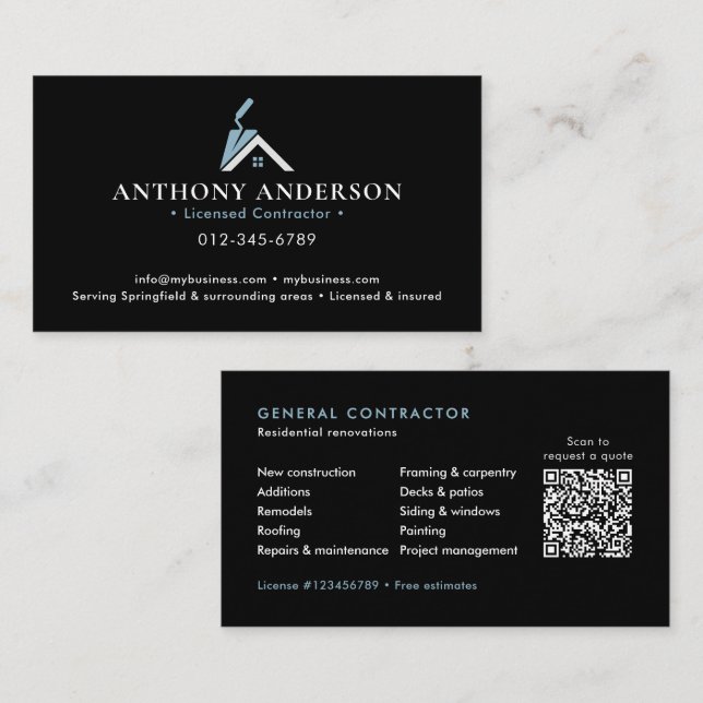 Modern QR Code Contractor/Construction Business Card (Front/Back)