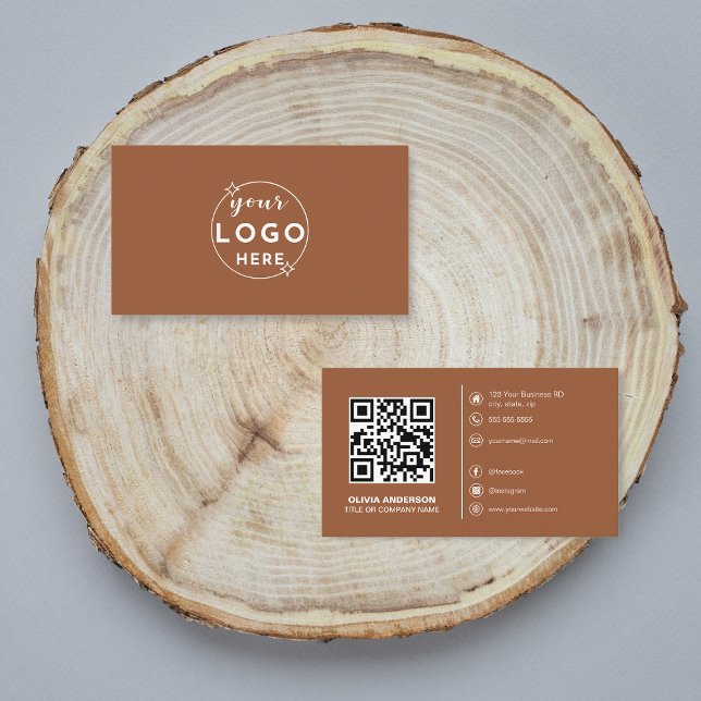 Modern QR Code Custom Logo Social Media Terracotta Business Card (Creator Uploaded)