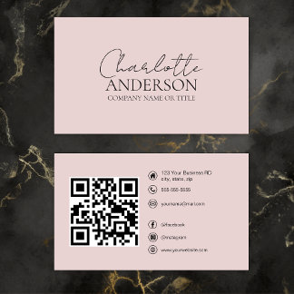 Modern QR Code Custom Social Media Blush Pink Business Card