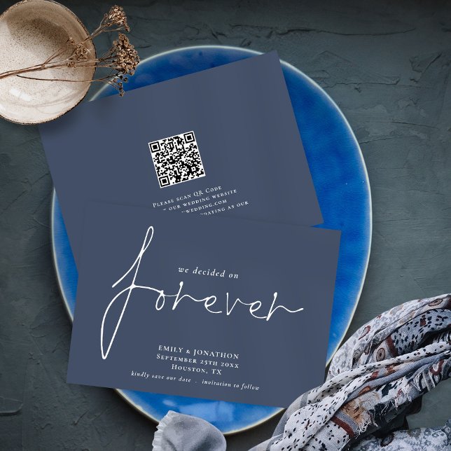 Modern QR Code Decided on Forever Dusty Navy Save The Date (Creator Uploaded)