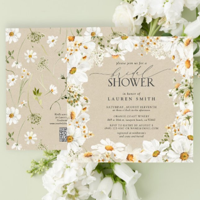 Modern QR Code Elegant Daisy Rustic Bridal Shower Invitation (QR Code Bridal Shower Invitation)