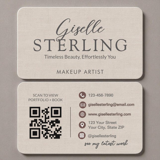 Modern QR Code Elegant Linen Script  Business Card (Creator Uploaded)