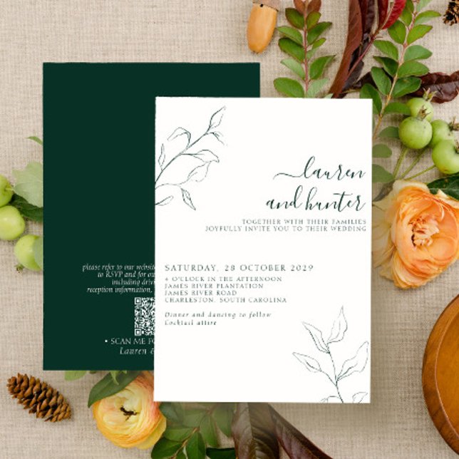 Modern QR Code Emerald Green Botanical Wedding Invitation (Creator Uploaded)