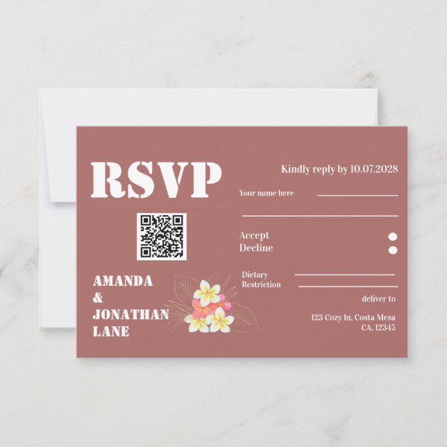 Modern QR Code Floral Terracotta Wedding RSVP Card (Front)