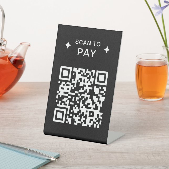 Modern QR Code for Restaurants Scan to Pay Black Pedestal Sign (In SItu)