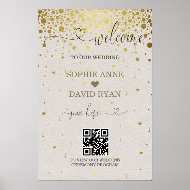 Modern QR Code Gold Confetti Wedding Welcome Sign (Front)