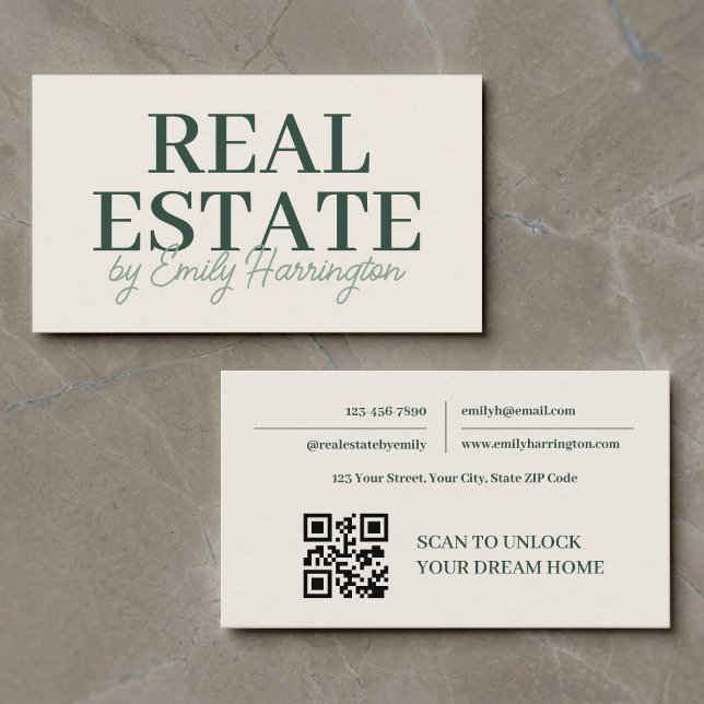 Modern QR Code Green Real Estate Agent Business Card (Creator Uploaded)