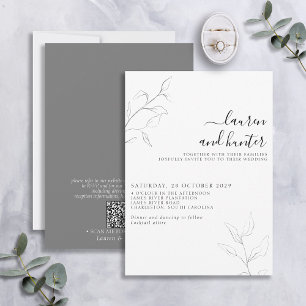 Modern QR Code Grey White Script Botanical Wedding Invitation