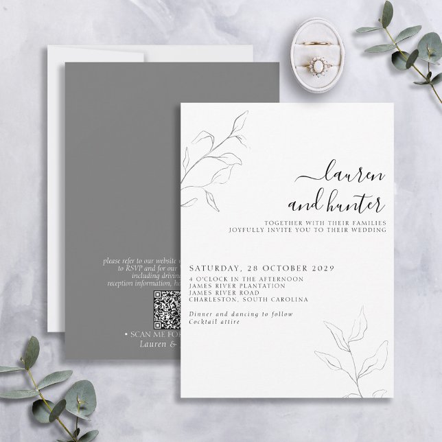 Modern QR Code Grey White Script Botanical Wedding Invitation (Creator Uploaded)