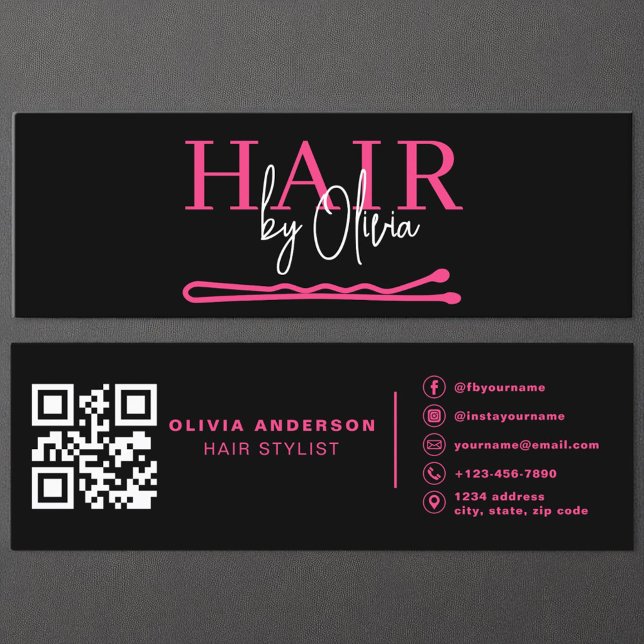 Modern QR Code Hair Stylist Black Hot Pink Mini Business Card (Creator Uploaded)