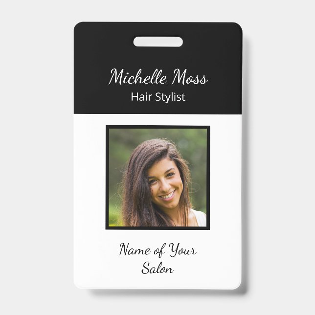 Modern QR code Hair Stylist Black White ID Badge (Front)