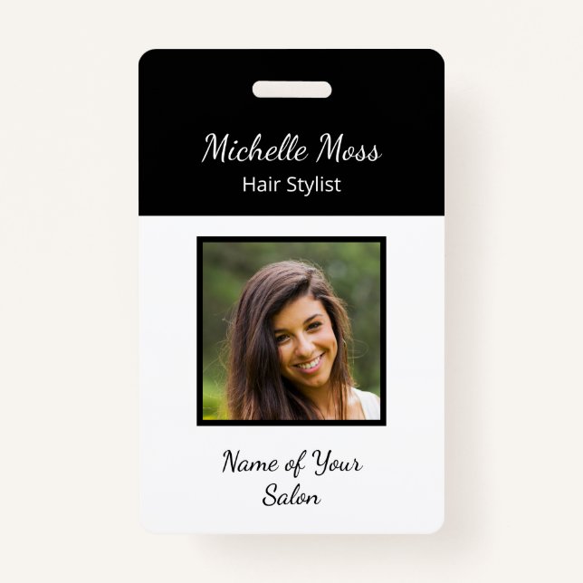 Modern QR code Hair Stylist Black White ID Badge (Front)