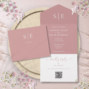 Modern QR Code Monogram Dusty Rose Wedding All In One Invitation