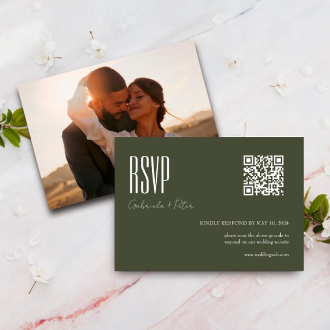 Modern QR Code Photo Minimalist Olive Green RSVP Card (Creator Uploaded)