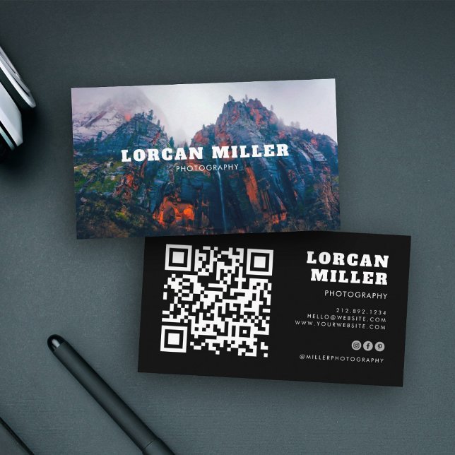  Modern QR CODE Photo Minimalist Professional Business Card (Two business cards for a photographer on a gray table. One has a photo, the other QR code + contact )