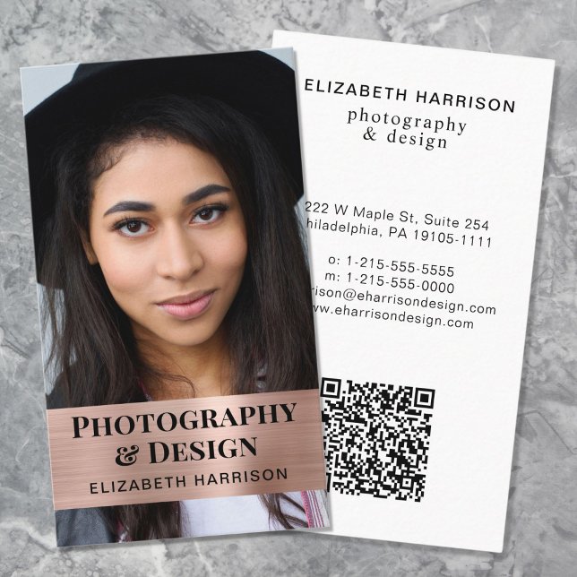 Modern QR Code Photo Rose Gold Business Card (Input your website address to create a scannable QR code)