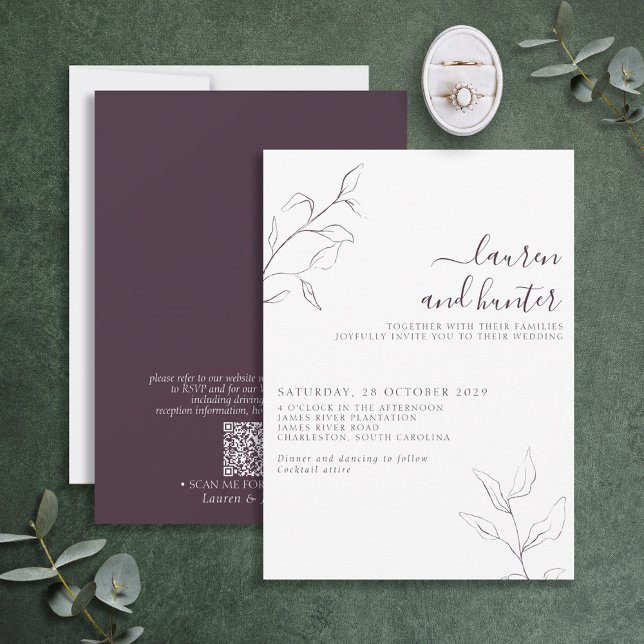 Modern QR Code Plum Purple Botanical Wedding Invitation (Creator Uploaded)
