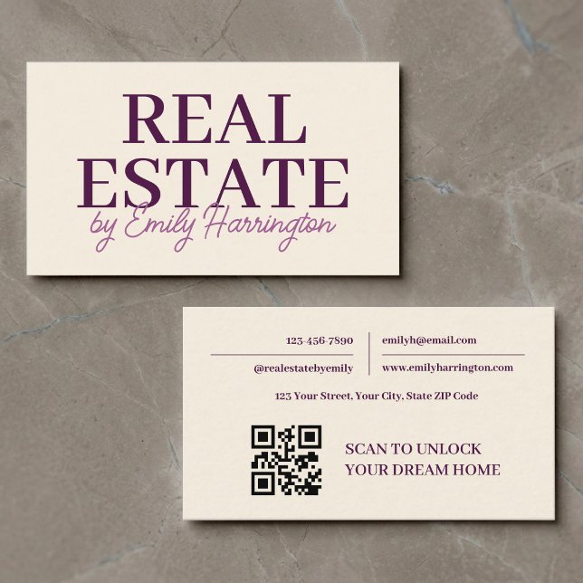 Modern QR Code Plum Real Estate Agent Business Card (Creator Uploaded)
