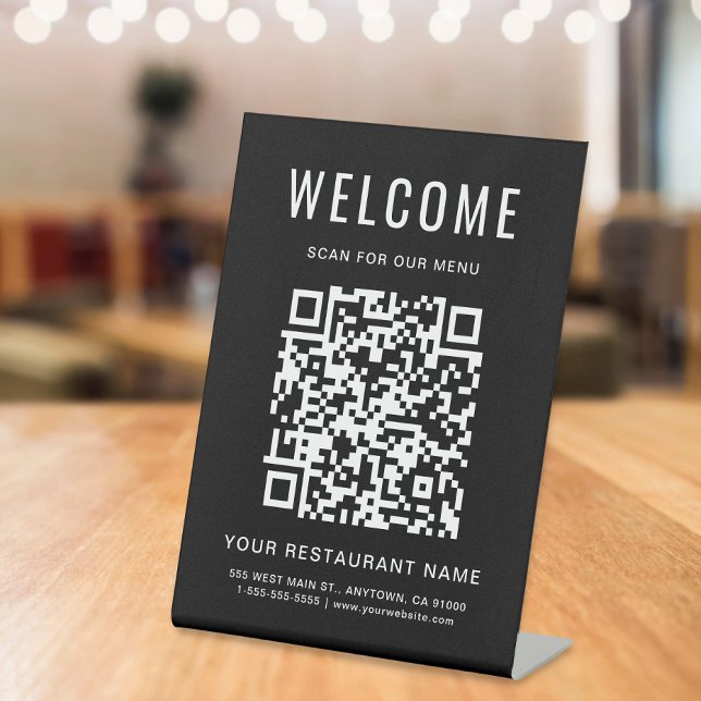 Modern QR Code Restaurant Menu Black Tabletop Pedestal Sign (Creator Uploaded)