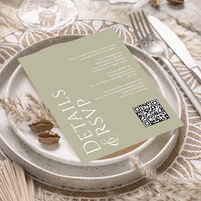 Modern QR Code RSVP Details Sage Green Enclosure Card (Wedding details and RSVP card with sage green background. )