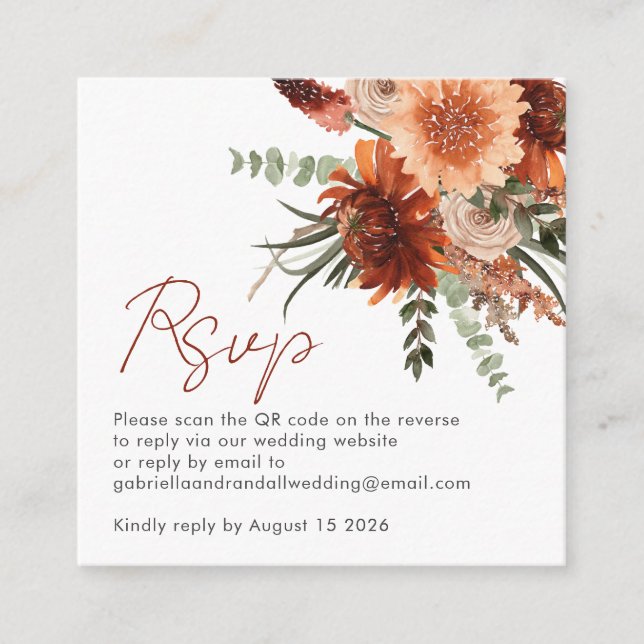 Modern QR Code Rust Terracotta Floral Wedding RSVP Enclosure Card (Front)