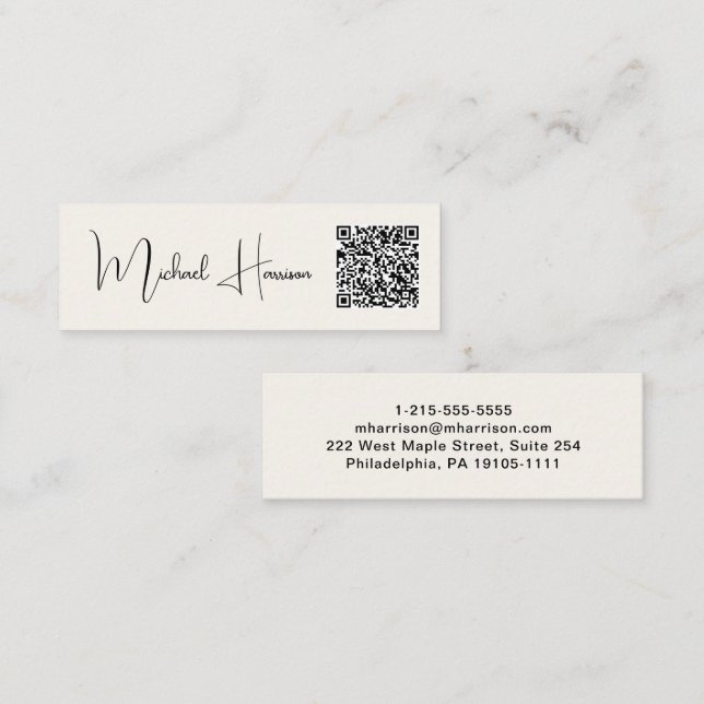 Modern QR Code Signature Script Cream Mini Business Card (Front/Back)