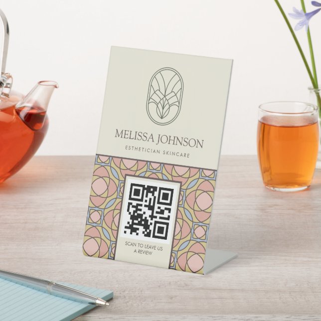 Modern QR Code Skincare Geometric Pedestal Sign (In SItu)