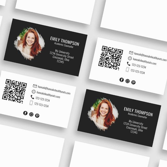 Modern QR Code Social Media Professional Photo Business Card (Simple minimalist black and white business card with QR code and watercolor photo effect. )
