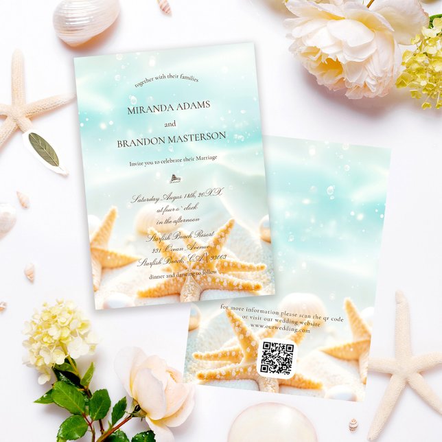 Modern QR Code Starfish Shells Ocean Beach Wedding Invitation (Creator Uploaded)