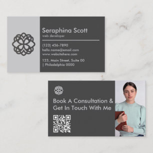 Modern QR Code Tech Savvy Sleek Black Grey Clean Business Card