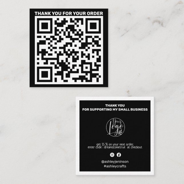 Modern QR code thank you order black white Square Business Card (Front/Back)