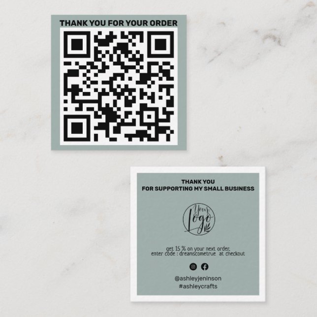 Modern QR code thank you order sage green Square Business Card (Front/Back)