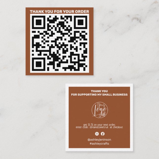 Modern QR code thank you order terracotta Square Business Card (Front/Back)
